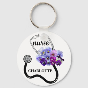Nurse Stethoscope und Blue Pansy Floral Schlüsselanhänger