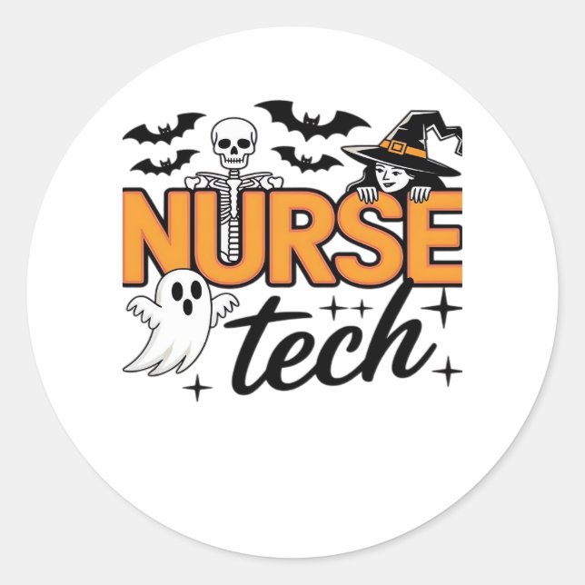 Nurse Tech - Halloween - mit Skelett, Hexe und Runder Aufkleber (Vorderseite)