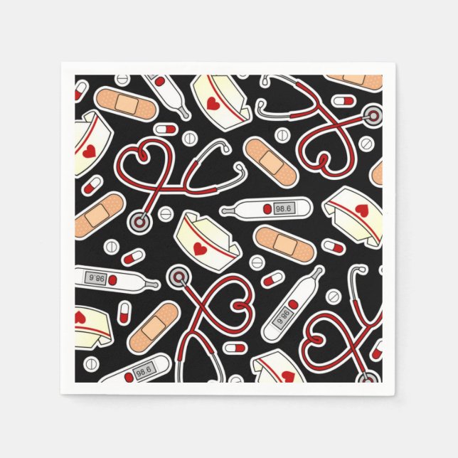 Nurse Theme Napkins Black Serviette (Vorderseite)