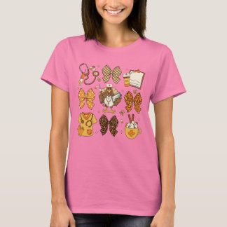 Nurse Turkey Thanksgiving Scrubs Bows Leopard T-Shirt
