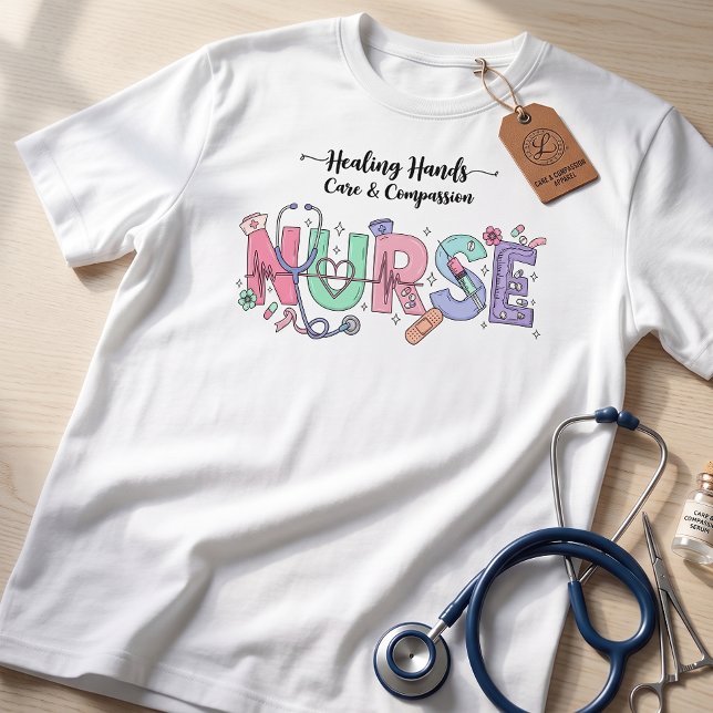 Nurse Typography with Stethoscope Medical Icons  T-Shirt (Von Creator hochgeladen)