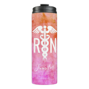 Nurse Watercolor Pink Orange Medical Caduceus Name Thermosbecher
