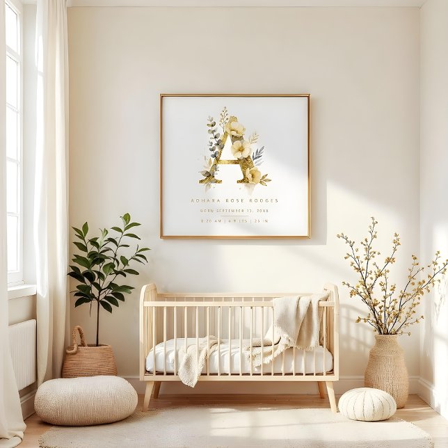 Nursery Romantic Floral A Letter Gold Effect Poster (Delicate Romantic Floral C Letter in Gold Glitter Effect Posters for Nursery Decor.)