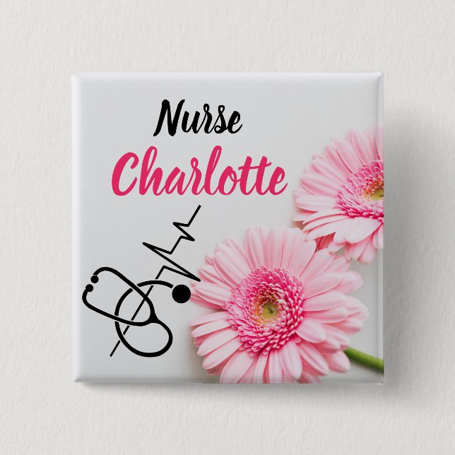 Nurses Custom Name Pink Daisy Floral Button (Vorderseite)