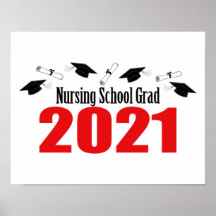 Nursing School Grad 2021 Caps And Diplomas (Red) Poster