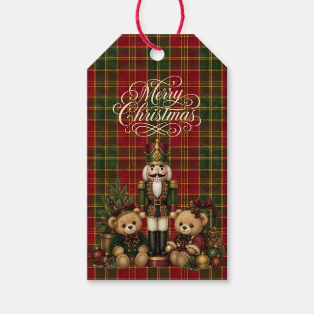 Nussknacker-Teddybär-Tartan-Weihnachtskariert  Geschenkanhänger (Vorderseite)