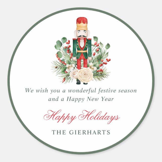 Nutcracker and Greenery Happy Holidays Christmas Runder Aufkleber (Vorderseite)