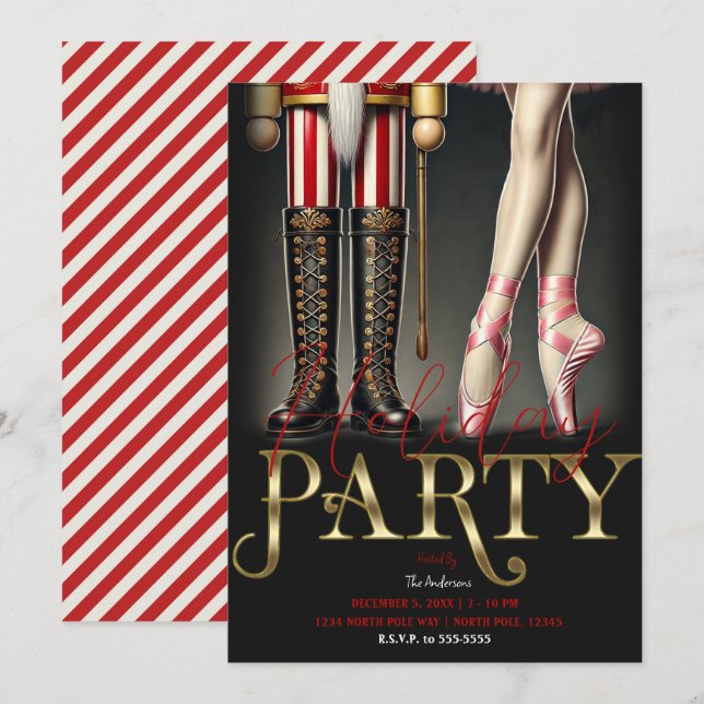 Nutcracker & Ballerina Black Gold Holiday Party Einladung (Vorne/Hinten)