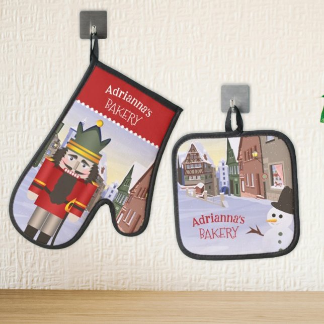 Nutcracker, bayerischer deutscher Towine Personali Ofenhandschuh & Topflappen-Set (Personalized Christmas oven mitt and potholder, blue and red nutcracker Bavarian german town)