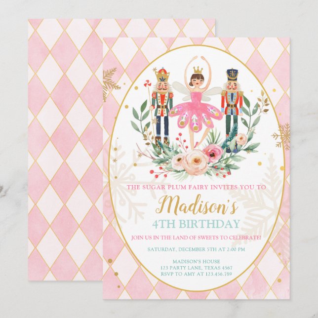 Nutcracker Birthday Girl Ballet Girl Sugl Plum Einladung (Vorne/Hinten)