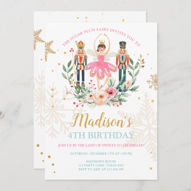 Nutcracker Birthday Girl Ballet Girl Sugl Plum Einladung (Vorne/Hinten)