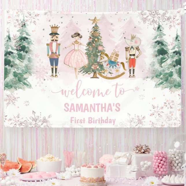 Nutcracker Birthday Sugar Plum Party Banner (Nutcracker Sugar Plum Fairy pink Christmas winter birthday party banner)