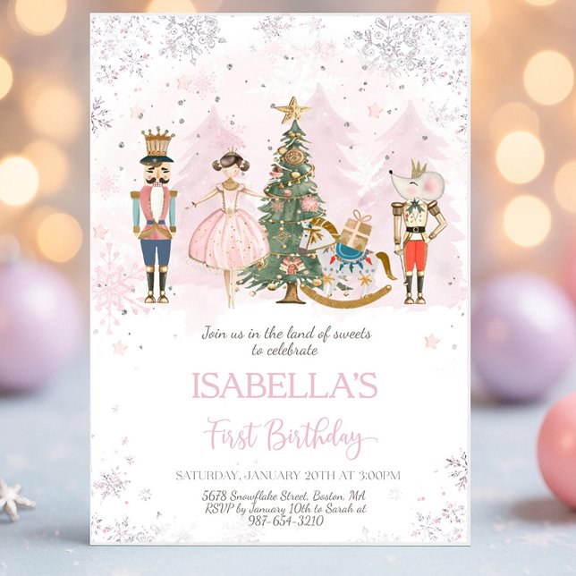 Nutcracker Birthday Sugar Plum Pink Einladung (Nutcracker Land of Sweets pink fairy birthday invitation with pastel ballet design)