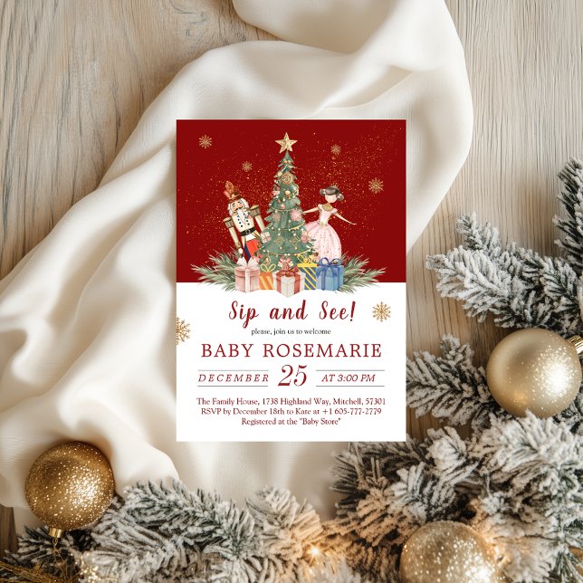 Nutcracker Christmas Party Baby Shower Sip und seh Einladung (Nutcracker Christmas Party Baby Shower Sip and See Invitation)