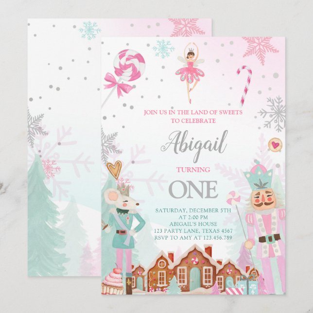 Nutcracker Geburtstagsmädchen Land der Süßigkeiten Einladung (Vorne/Hinten)