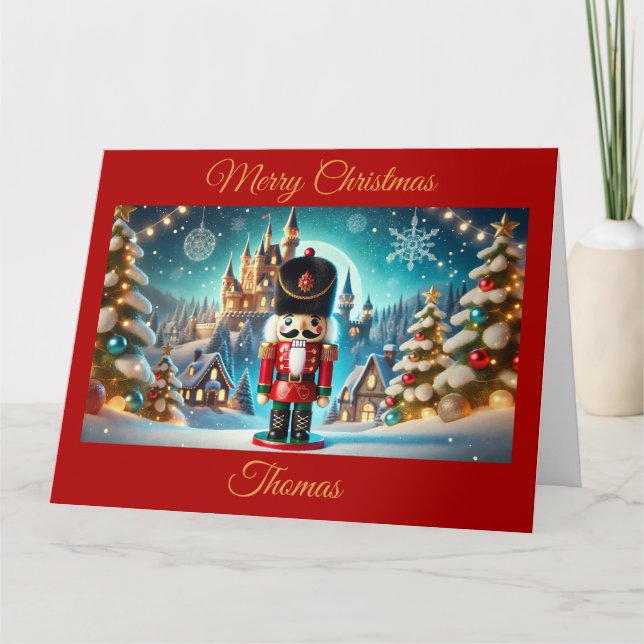 Nutcracker in einem Fantasy Christmas Village Karte (Vorderseite)