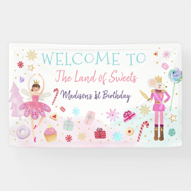Nutcracker Land der Süßigkeiten Rosa Gold Geburtst Banner (Horizontal)