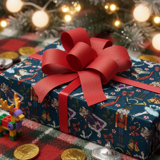 Nutcracker Mouse King Ballerina Navy Blue Xmas Geschenkpapier (Elegant Nutcracker Ballet Wrapping Paper. Navy Blue Vintage Nutcracker Ballerina Mouse King Pattern)