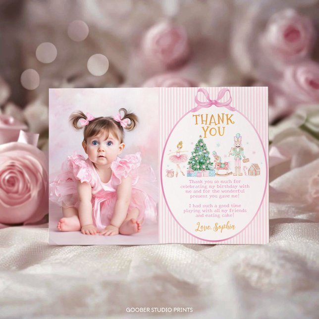 Nutcracker Pink Bow Christmas Birthday Photo Dankeskarte (Von Creator hochgeladen)