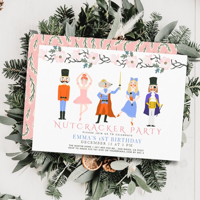 Nutcracker Pink Weihnachtsblume 1. Geburtstag Einladung (Von Creator hochgeladen)