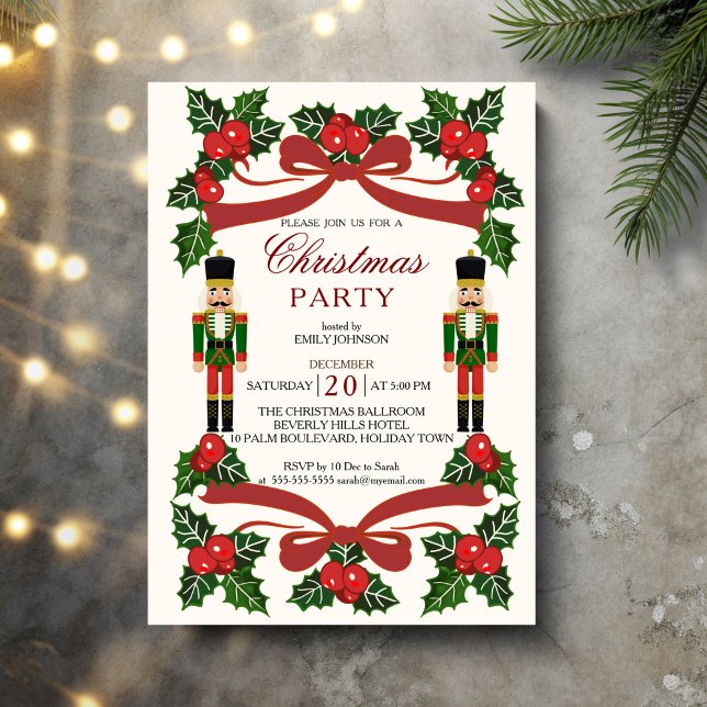 Nutcracker Red Bogen Weihnachten Party Einladung (Nutcracker red bow nostalgia Christmas Party Invitation cards template)