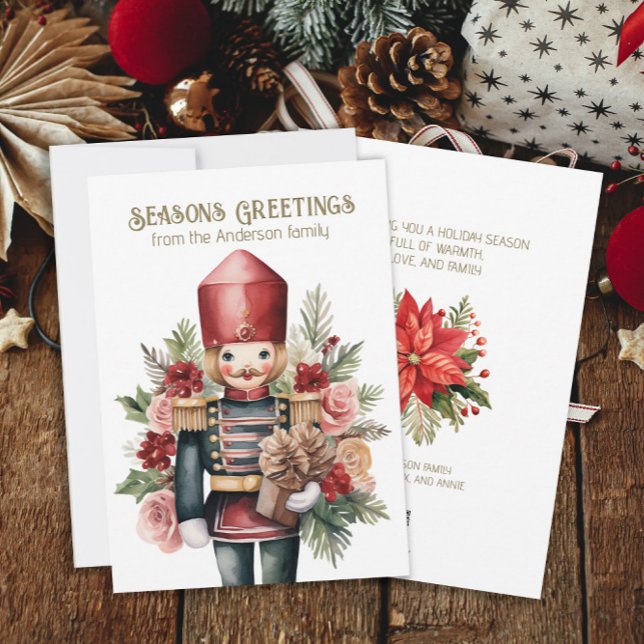 Nutcracker Weihnachtsfeiertage Poinsettias Feiertagskarte (Nutcracker Christmas holiday greeting card personalized with your family name and message.)