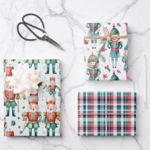 Nutcracker Weihnachtsgrün & Kariert Geschenkpapier Set
