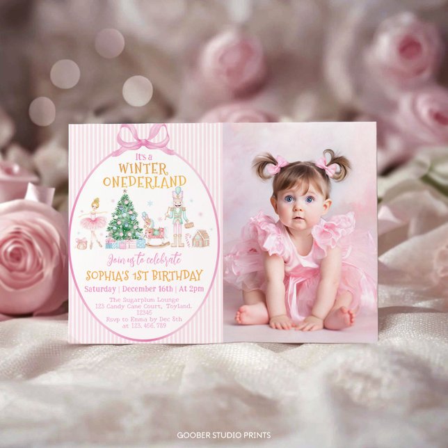 Nutcracker Winter Onederland Pink Birthday Photo Einladung (Von Creator hochgeladen)