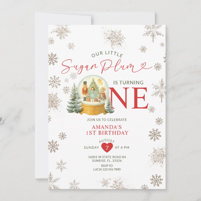 Nutcracker Winterschneeflocken 1. Geburtstag Party Einladung (Vorderseite)