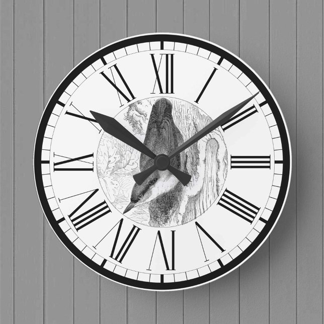 Nuthatch British Bird Illustration Round Clock Runde Wanduhr (Von Creator hochgeladen)
