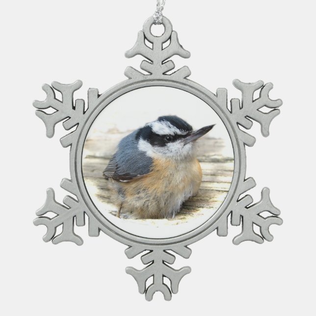 Nuthatch Schneeflocken Zinn-Ornament (Vorderseite)