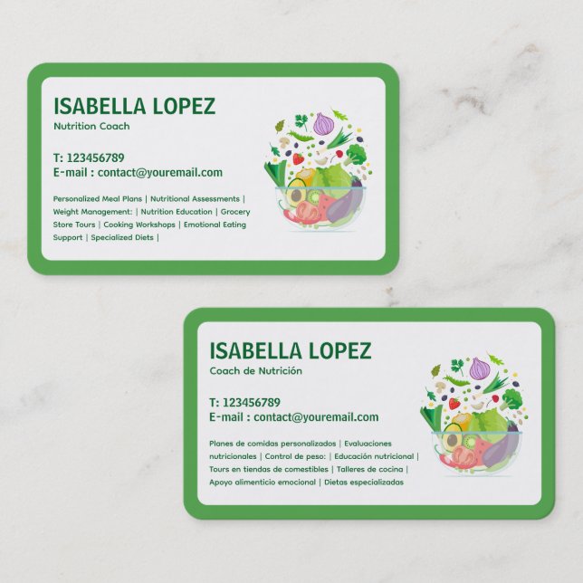 Nutrition Bilingual English Spanish Business Card Visitenkarte (Vorne/Hinten)