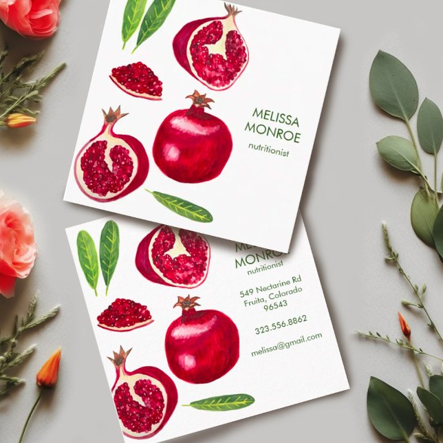 Nutritionist Koch Coach Pomegranates Herbst Obst Quadratische Visitenkarte (Watercolor pomegranates with leaves decorate these custom square business cards. Add your own text.)