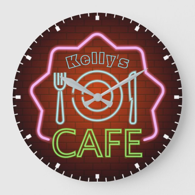 NUTZEN SIE IHREN NAMEN 50's Retro Neon Style Diner Große Wanduhr (Vorderseite)