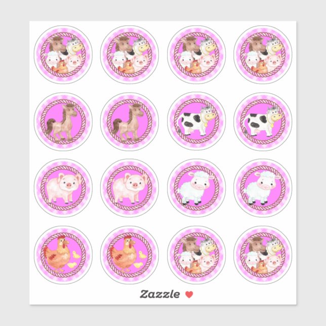 Nutztiere Set barnyard Gingham hellrosa Aufkleber (Blatt)