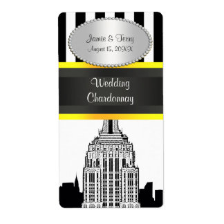 NY City Etched Skyline BW Stripe Yel P Weinetikett