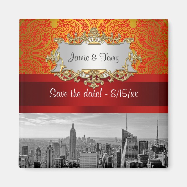 NY City Skyline BW 112 Red Gold Paisley Rett Date Magnet (Vorne)