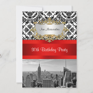 NY City Skyline BW 432 Damask Birthday Party V Einladung