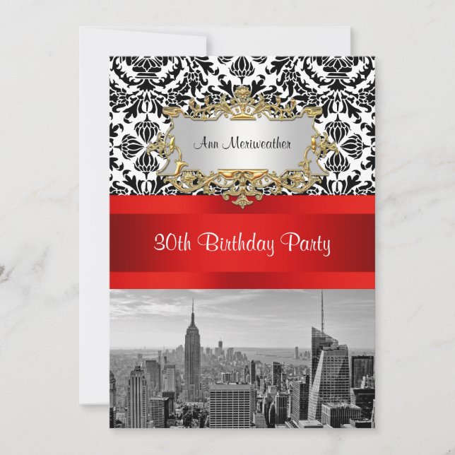 NY City Skyline BW 432 Damask Birthday Party V Einladung (Vorderseite)