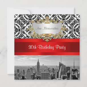 NY City Skyline BW 432 Damask Geburtstagsparty Einladung