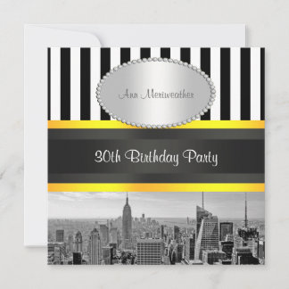 NY City Skyline BW Blk Whit Strp Yellow Birthday Einladung