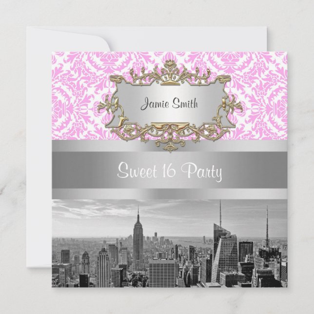 NY City Skyline BW D4P Pink White Damask Einladung (Vorderseite)