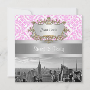 NY City Skyline BW D4P Pink White Damask Einladung