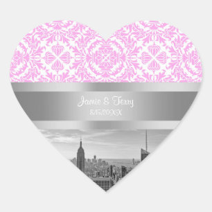 NY City Skyline BW D4P Pink White Damask Herz-Aufkleber