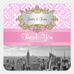 NY City Skyline BW D4P Pink White Damask Vielen Da Quadratischer Aufkleber