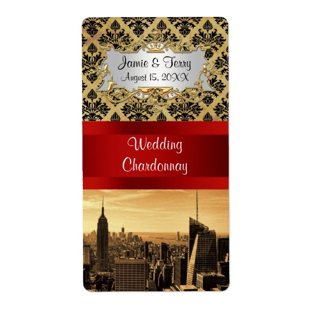 NY City Skyline Sepia B4 Damask Party Weinetikett (Vorne)