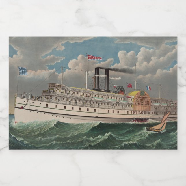 NY Voyage Grand Paddlewheel Dampfboot Pilgrim Lebensmitteletikett (Einzelnes Label)