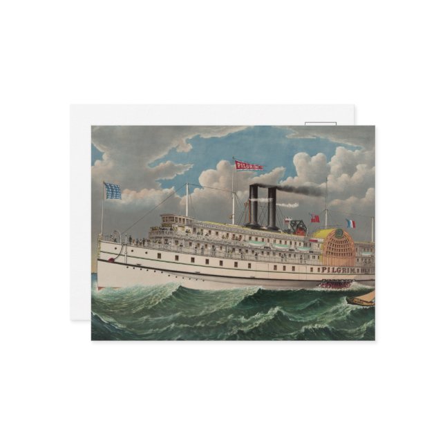NY Voyage Grand Paddlewheel Dampfboot Pilgrim Postkarte (Vorderseite/Rückseite Beispiel)