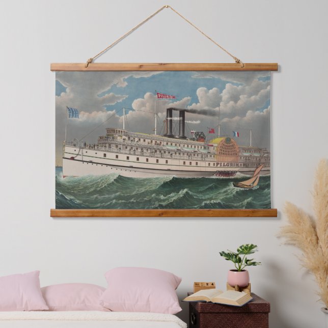 NY Voyage Grand Paddlewheel Dampfboot Pilgrim Wandteppich Mit Holzrahmen (Schlafzimmer)