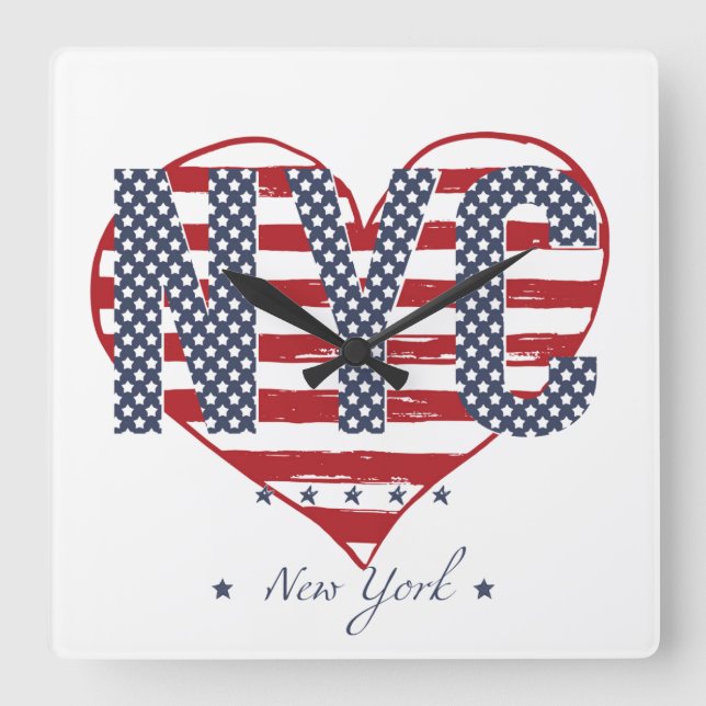 NYC American Flag Heart Quadratische Wanduhr (Vorderseite)